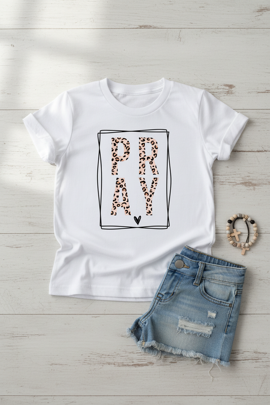 PRAY leopard print kids shirt mockup