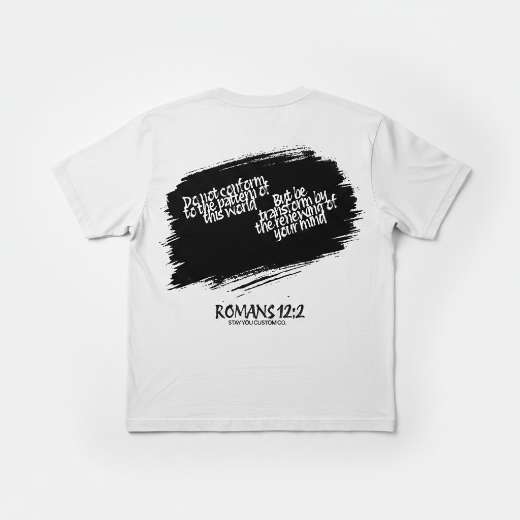 White t-shirt back with Romans 12:2 scripture brushstroke design by Stay You Custom Co.