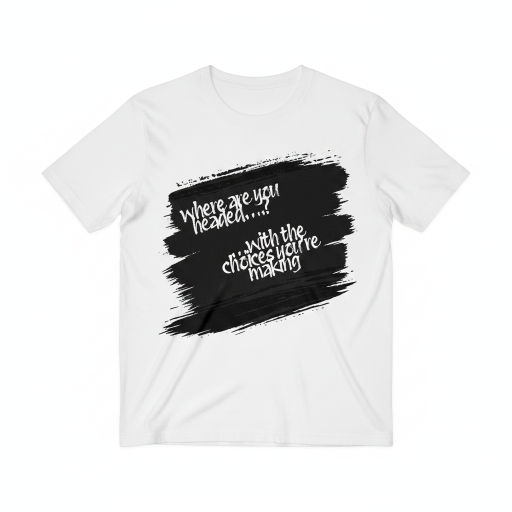 White t-shirt front with diagonal brushstroke design reading Where are you headed with the choices you're making