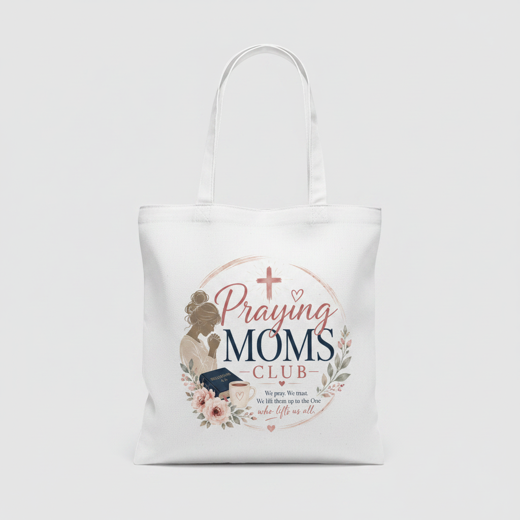 Praying Moms Club white canvas tote bag
