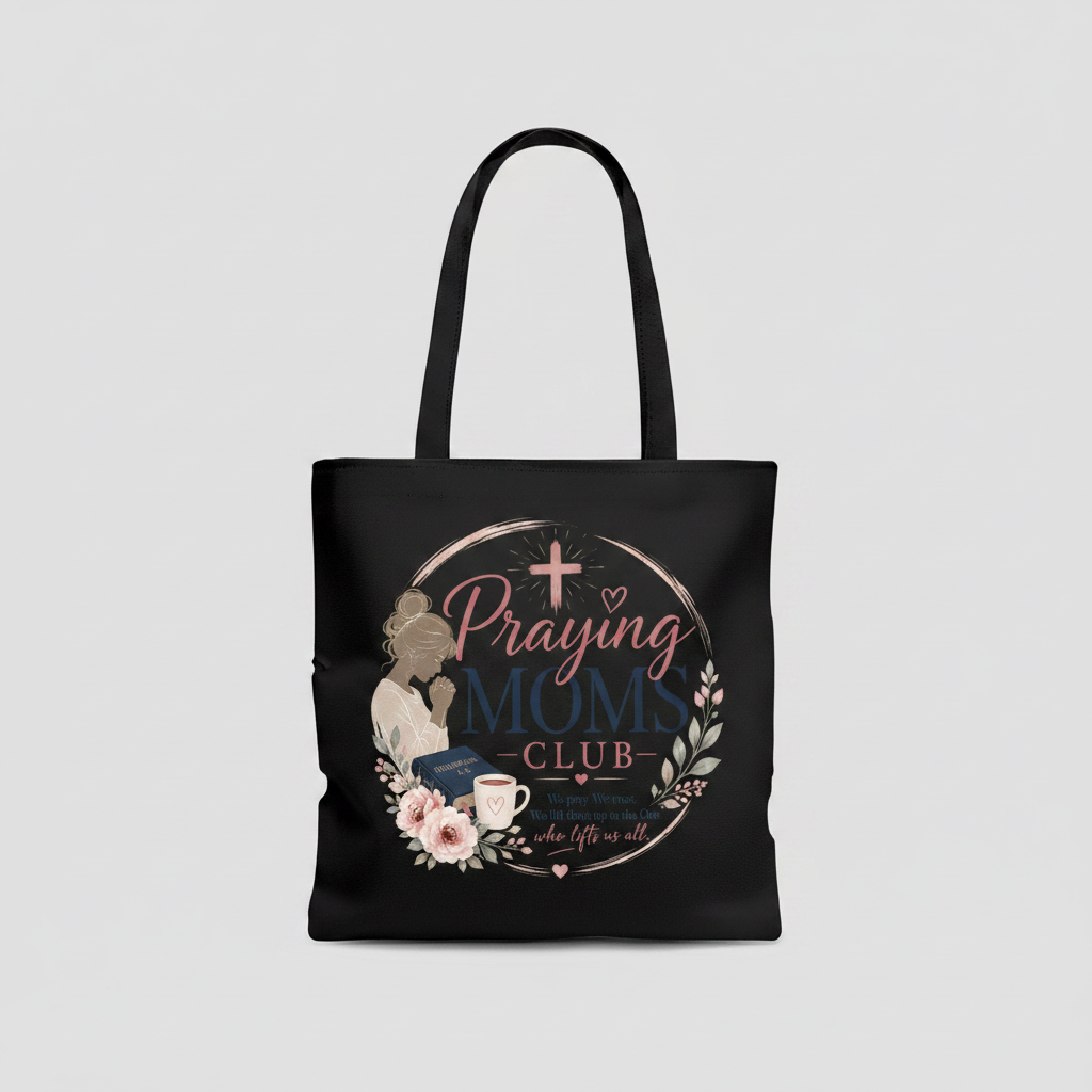 Praying Moms Club black canvas tote bag
