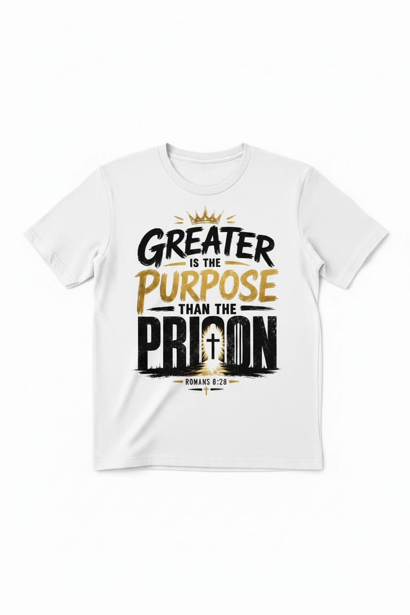 Greater is the Purpose Than the Prison white t-shirt